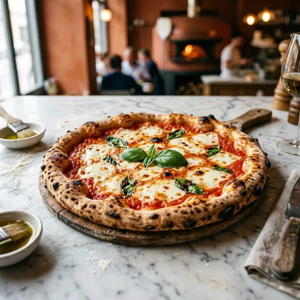 Pizza margherita com molho de tomate, queijo e manjericão